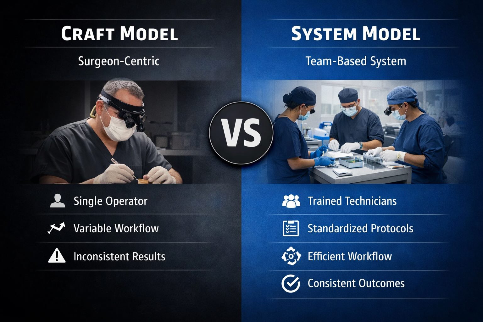 Craft model versus system model in hair transplantation