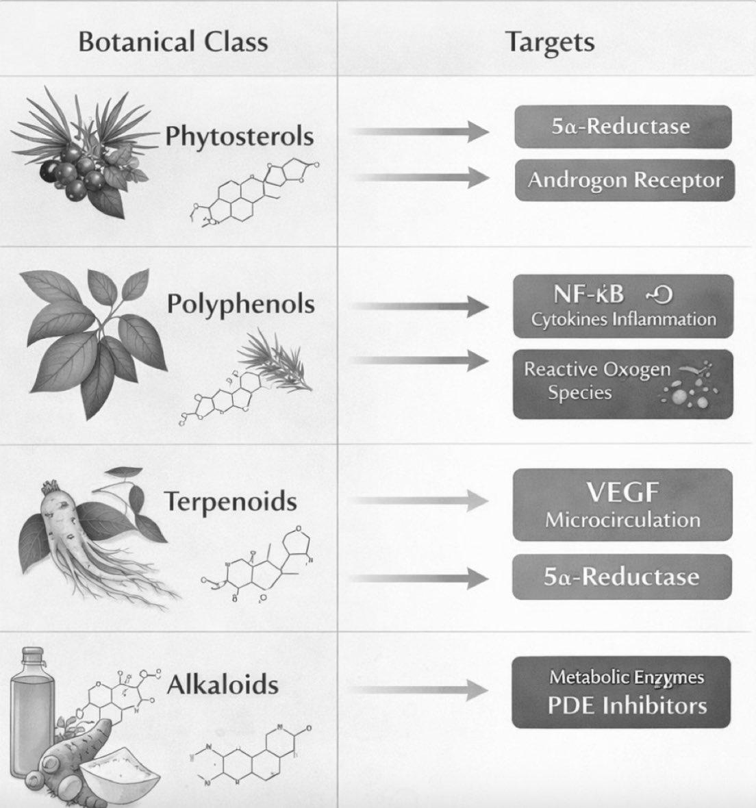 Botanical compound classes mapped to hair follicle physiology targets including phytosterols, polyphenols, terpenoids, alkaloids, 5-alpha reductase, androgen receptor, NF-kB, reactive oxygen species, VEGF, microcirculation, and metabolic enzymes
