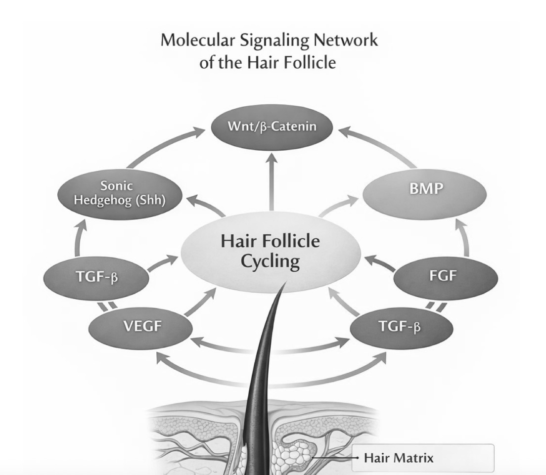 Molecular signaling pathways involved in hair follicle cycling including Wnt beta-catenin, Sonic hedgehog, BMP Noggin balance, FGF, VEGF, IGF-1, androgen signaling, inflammatory mediators, oxidative stress, and prostaglandin pathways